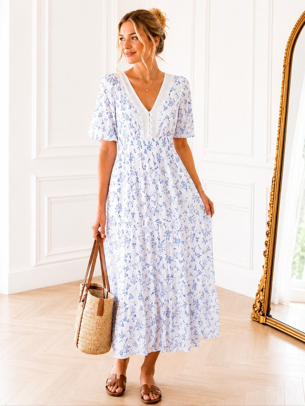 JGEE | Blue & White Lined Floral Maxi Dress |Size Medium | Puff Sleeve